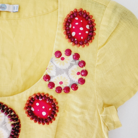 BODEN Tunic Top Yellow Beadead Neck Linen Ealstic Waist - Picture 4 of 9